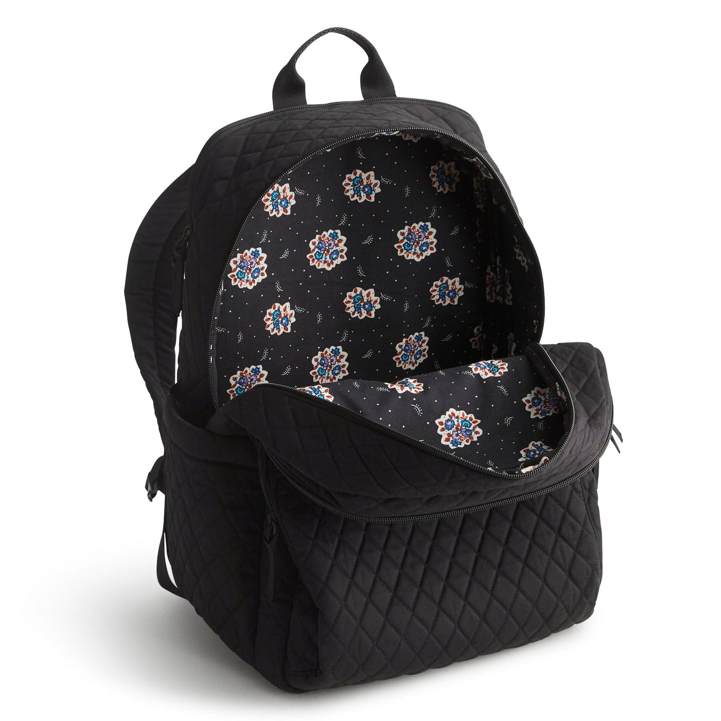 Black quilted backpack with floral pattern interior on a white background
