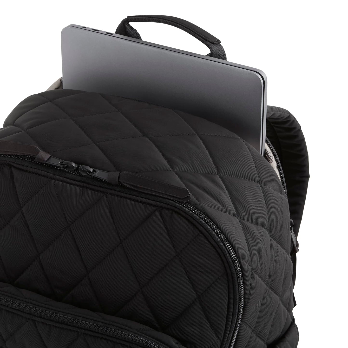 Black quilted backpack with a laptop compartment on a white background